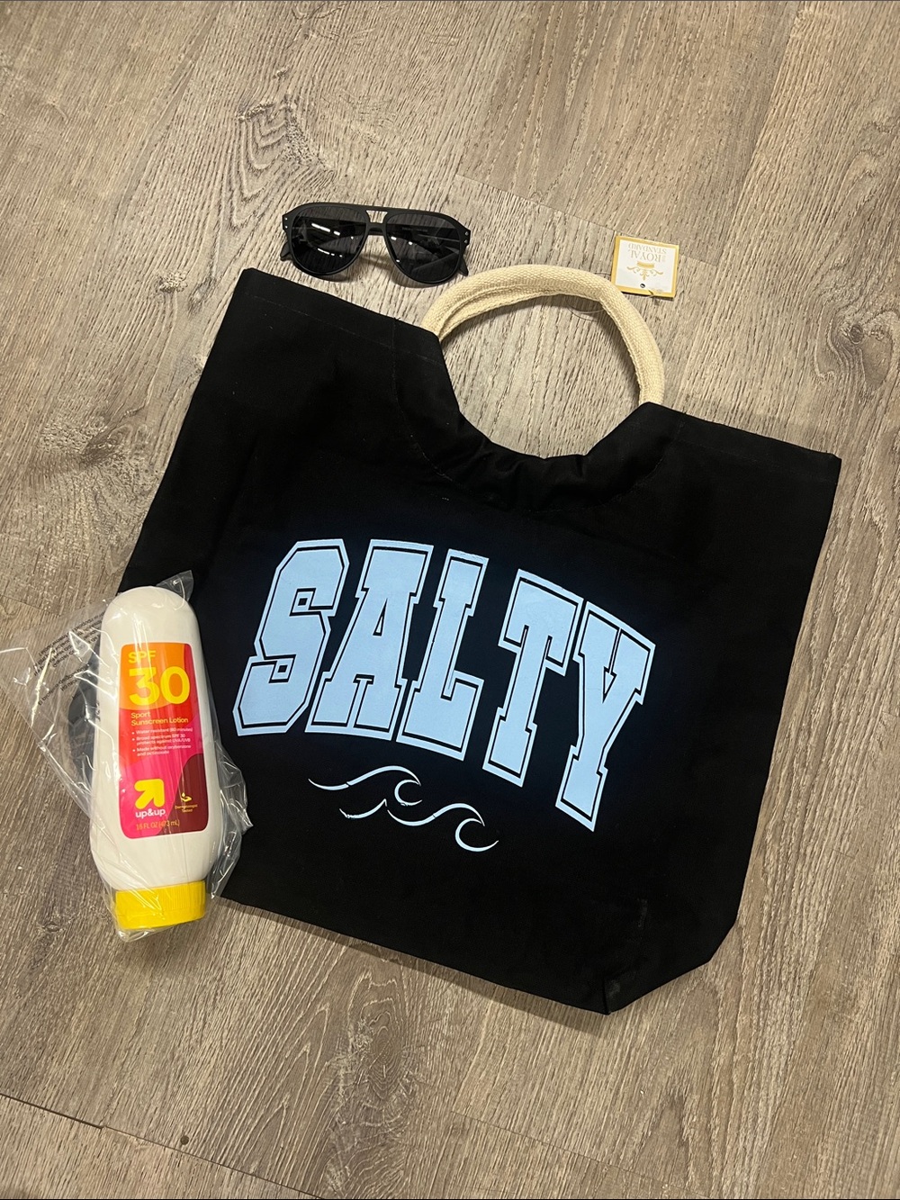 Black 'SALTY' Canvas Tote large Beach Bag with Light Blue Print
